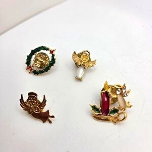 Vintage Gold Tone and Red Angel Brooch Set